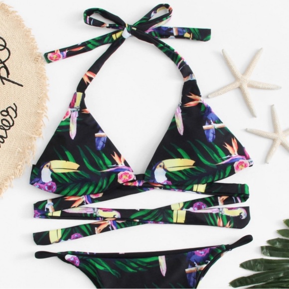 Tropical Print Halter Bikini - Picture 1 of 5